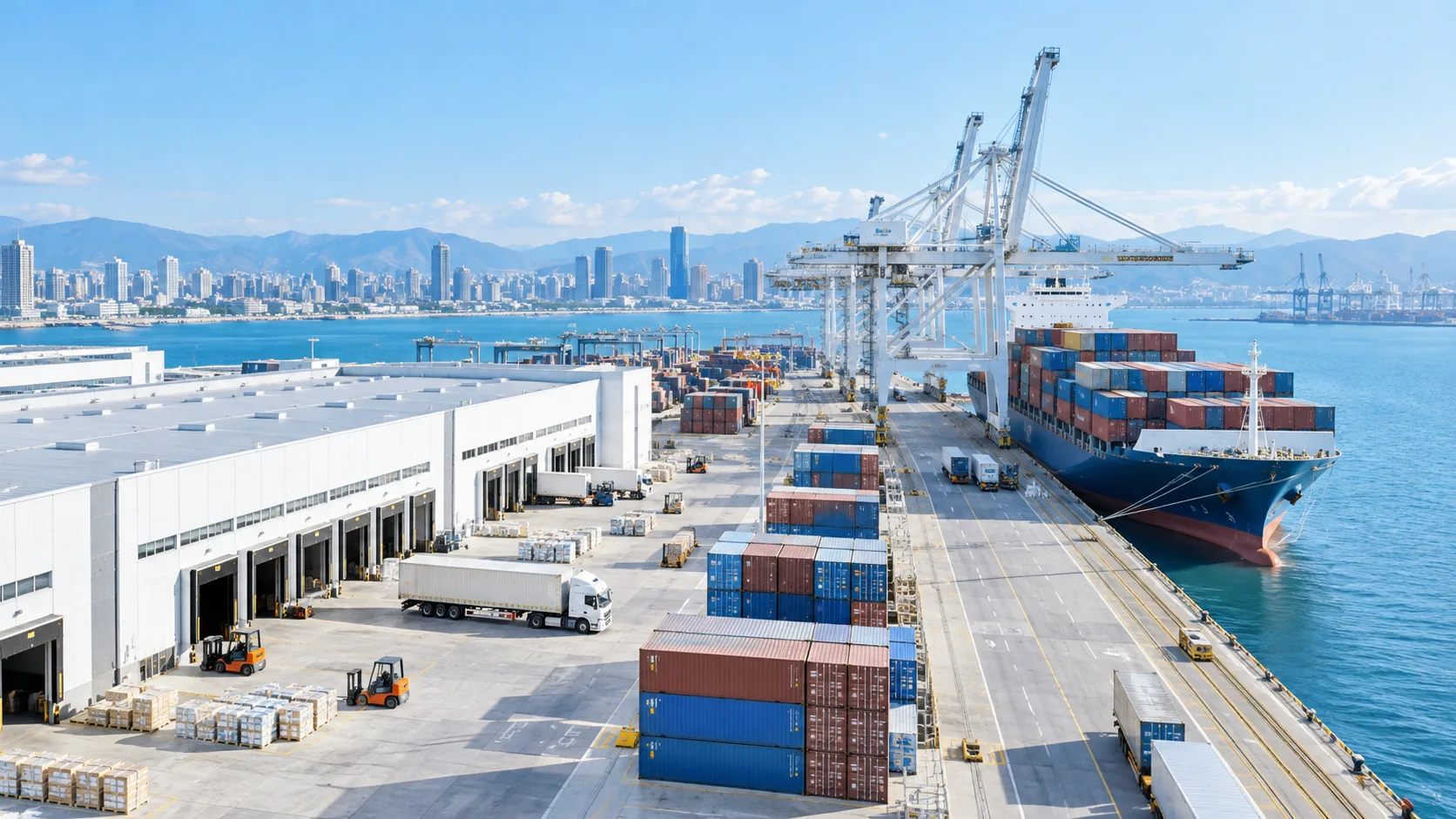 An international logistics hub and cargo ship under clear daylight