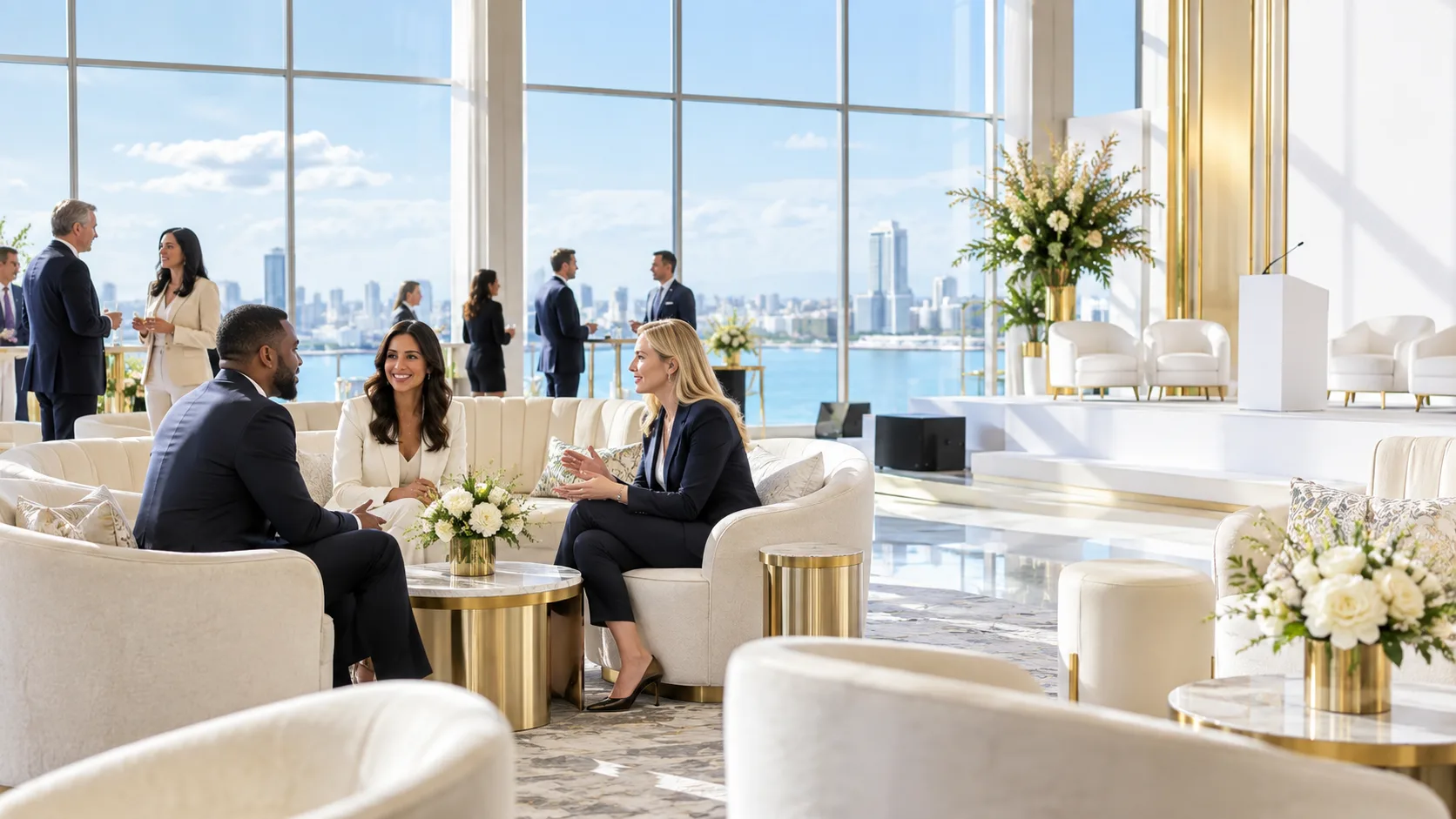 Business attendees networking in a bright contemporary conference venue