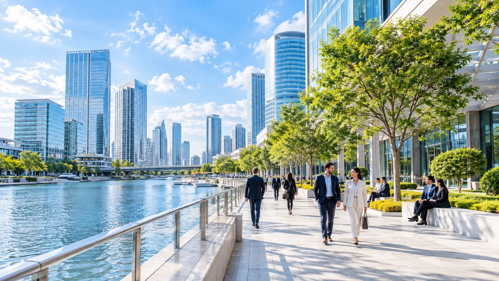 A bright waterfront business district with glass offices, trees and a clear blue sky