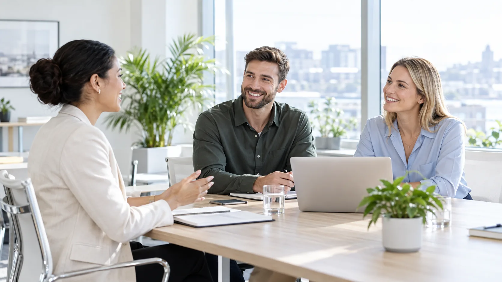 Professionals discussing recruitment around a table in a bright office