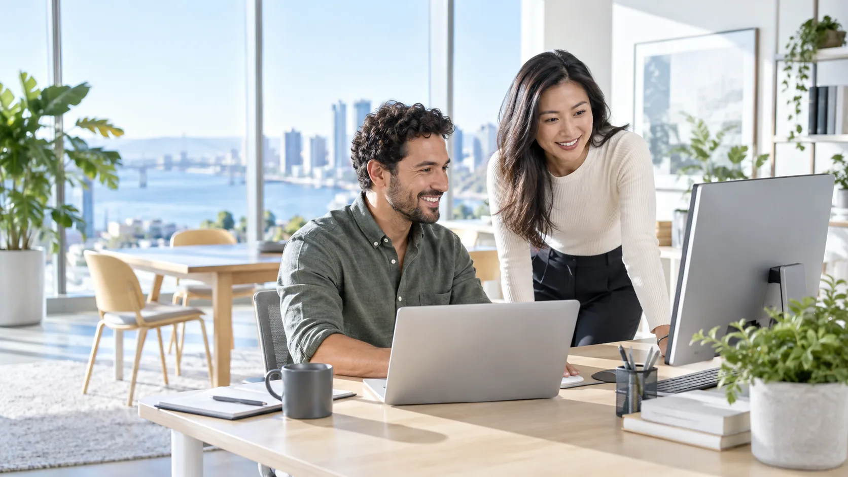 Software professionals collaborating in an airy office filled with natural daylight