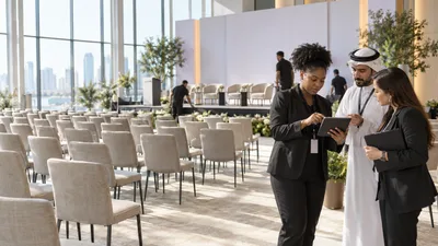 Event coordinators preparing a daytime business conference