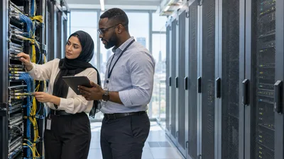IT specialists working with network equipment in a server room